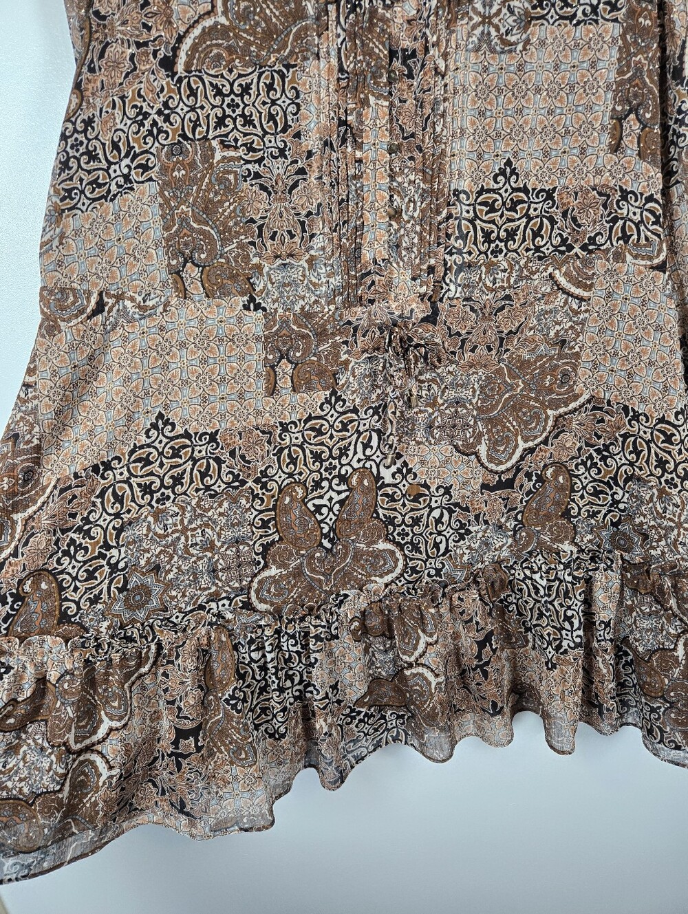 House Of Harlow 1960 Brown Tan Boho Paisley Sparkle Chiffon Peplum Dress Size 10 - Picture 10 of 16